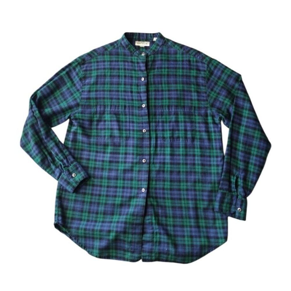 Ann Taylor Flannel Shirt Women Small Blue Green Plaid Mock Neck Long Sleeves